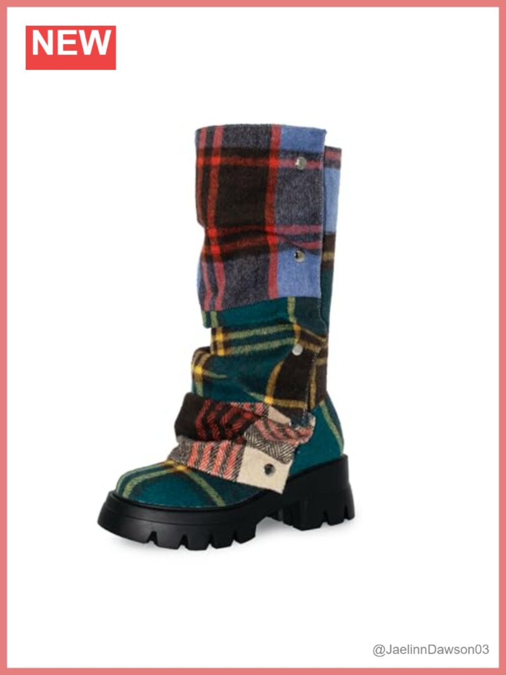 Patchwork Plaid Fold-Over Chunky Platform Mid Calf Boots